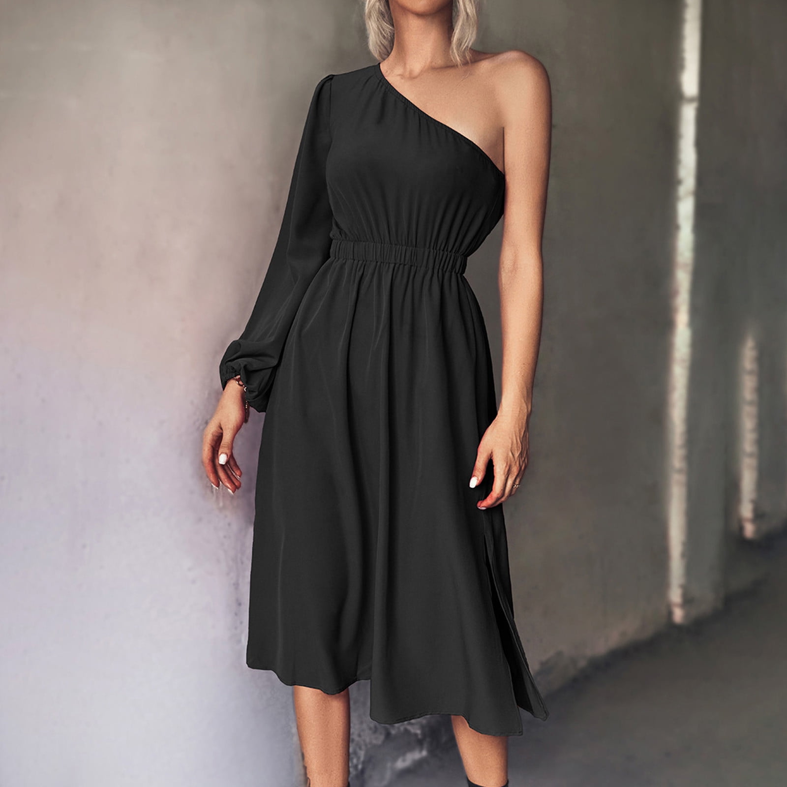 Elegant Dresses Next Sale Black Dress One Shoulder Dresses For Women Casual  Long Sleeve Fall Dresses Elastic Waist Relaxed Fit A Line Flowy Midi Dress