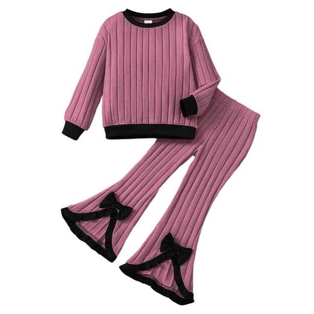 DGMIOCS Ensemble de Tenues pour Filles, Haut Côtelé à Manches Longues à Col Rond avec Pantalon Évasé, Tenue pour Bébé et Tout-Petites Filles, Tenue de Jeu Décontractée Confortable, Rouge, 5-6 Ans