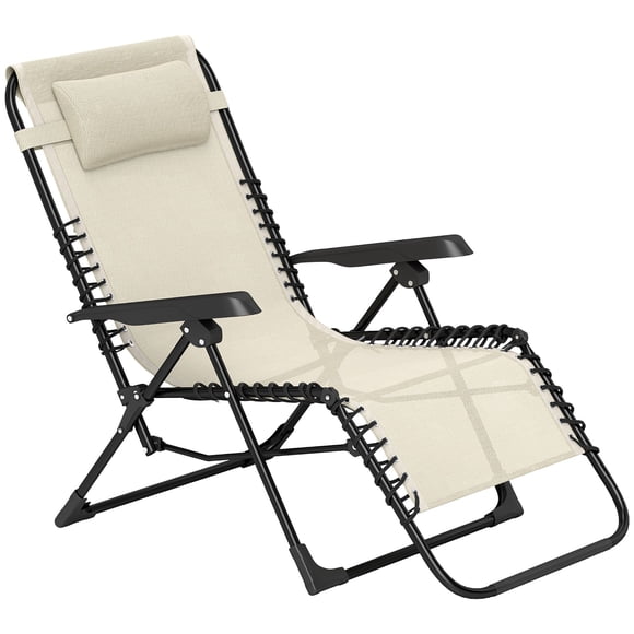 Beige Zero Gravity Folding Lounge Chair, 5-Position Adjustable Outdoor Recliner with Removable Pillow, Breathable Texteline Mesh, Steel Frame for Patio, Garden, or Beach