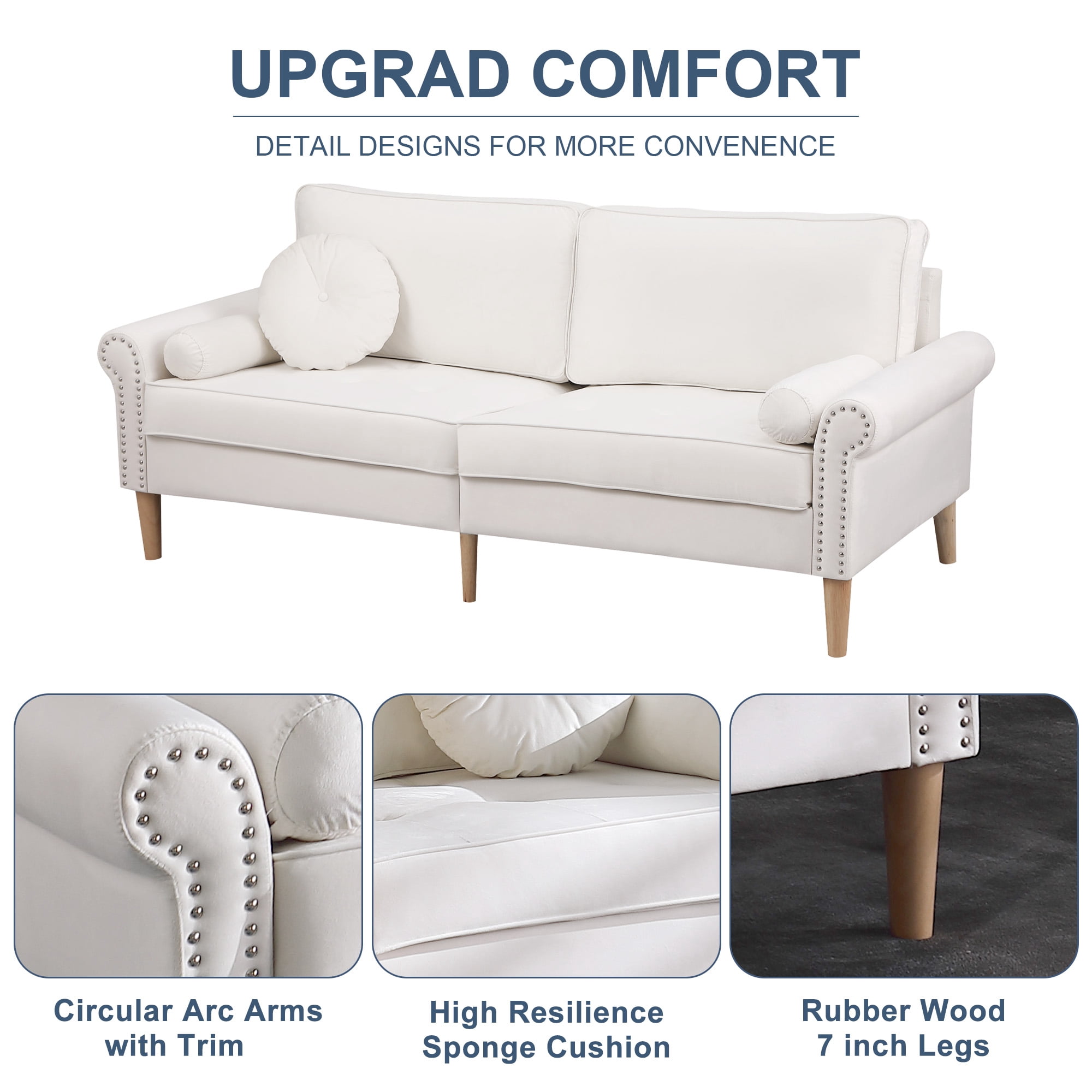 Aukfa 77.2" Sofa Couch, 3-Seater Sofa with Copper Nail and 3 Pillows, Velvet Loveseat for Living Room - White