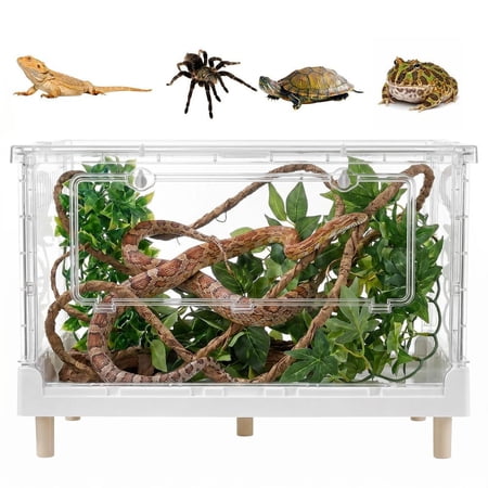 Wide Low‑Profile Acrylic Reptile Enclosure 27.5"L, Foldable Ventilated Terrarium with Front Opening, Habitat for Geckos, Small Snakes, Amphibians