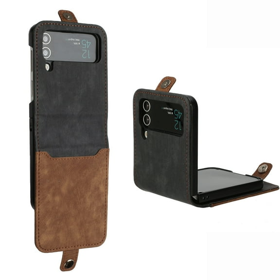 Allytech Galaxy Z Flip3 5G Phone Cases, Premium PU Leather Drop Proof Hinge Protection Anti-Scratch Kickstand Wrist Strap Hard PC Back Folio Flip Case Cover for Samsung Galaxy Z Flip 3 5G, Brown