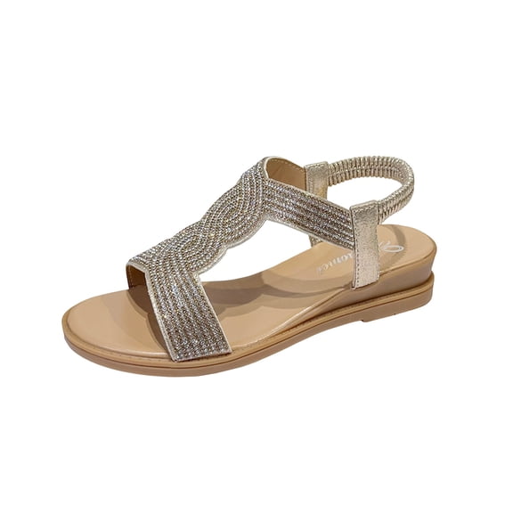 Narveanno Wedge Sandals for Women Bohemia Rhinestone Open Toe Roman Heel Summer Dressy Women's Beach Casual Shoes Gold 7.5