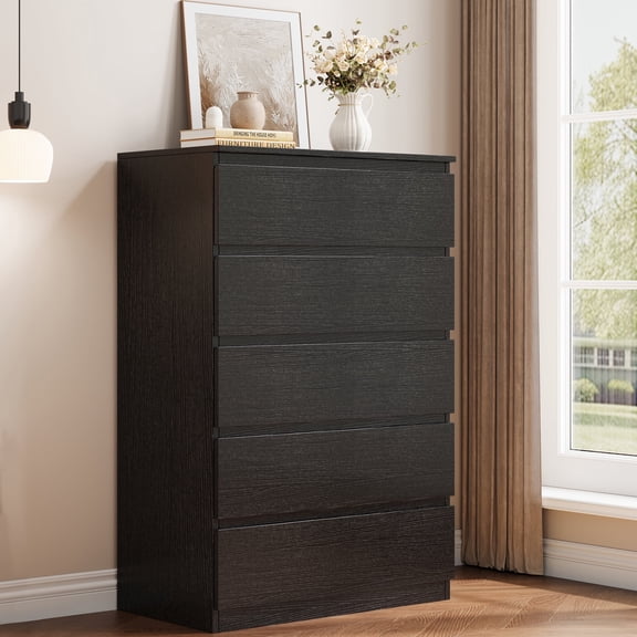 Hijob 5 Drawer Dresser, Modern Storage Cabinet for Bedroom, Tall Chest of Drawers for Living Room Bedroom, Black
