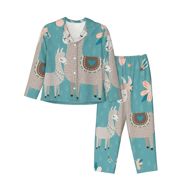 Fotbe Teal Mama Llama Conjunto de Pijama de Manga Larga para Mujer con Estampado, Ropa de Dormir de 2 Piezas, Conjunto de Casa Suave y Cómodo con Bolsillos-Medium