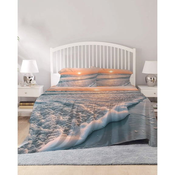 4 Piece Full Sheet Set Ocean Sunset Sheets Set for Full Size Bed, Breathable Soft Microfiber Bed Sheets Cooling Summer Beach Shore Sky Sun Scenery Fitted Sheet Deep Pocket, Pillowcases
