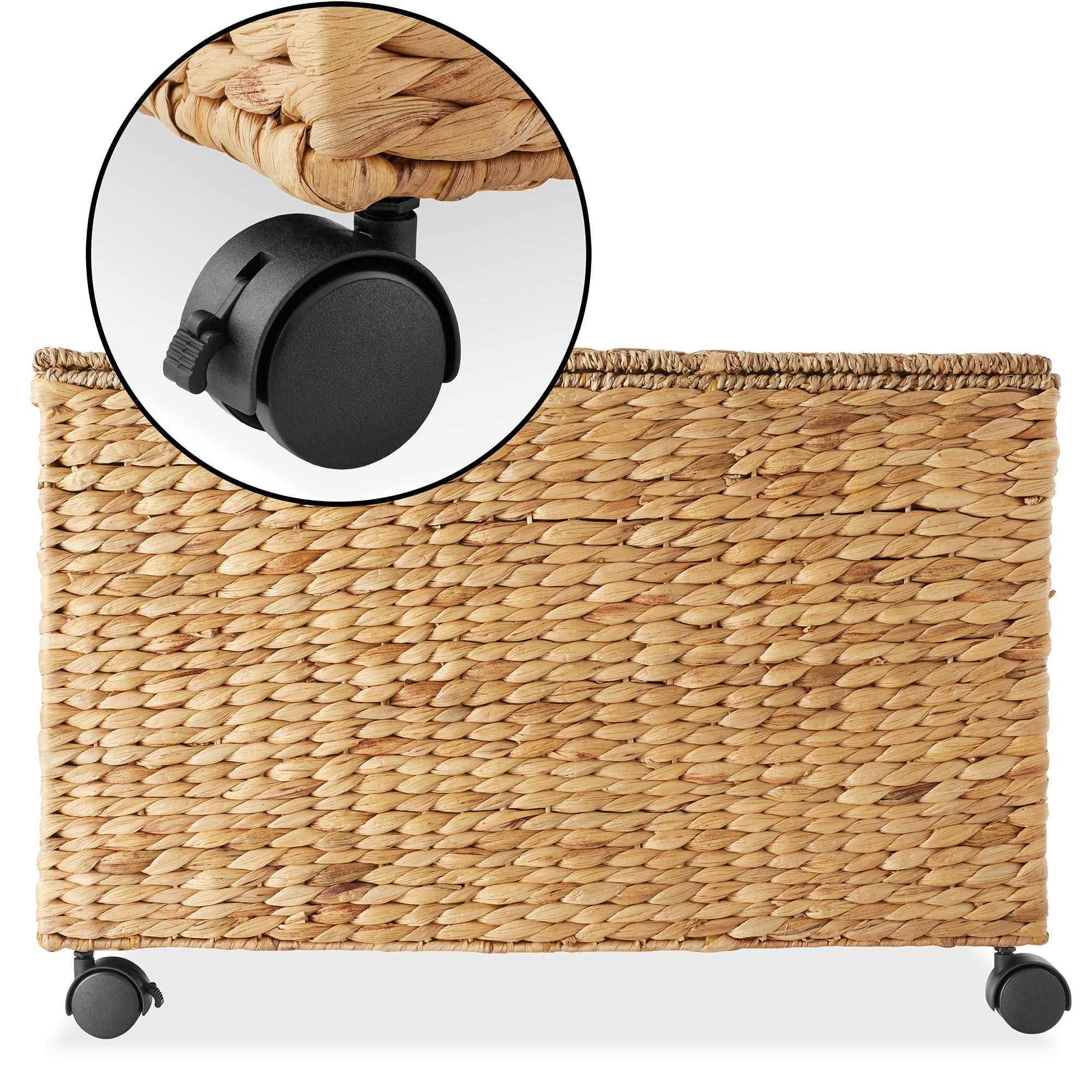 Casafield Rolling Storage Basket Cart with Lid and Wheels, Natural - Woven Water Hyacinth Divided Sorting Bin for Kitchen, Pantry, Laundry, Garage