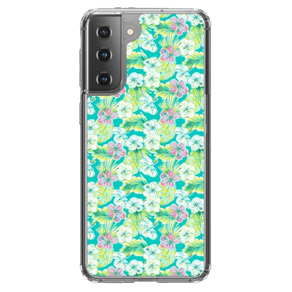 DistinctInk Clear Shockproof Hybrid Case for Galaxy S21  PLUS 5G (6.7" Screen) - TPU Bumper, Acrylic Back, Tempered Glass Screen Protector - Preppy Pattern - Green Pink White Flowers Floral