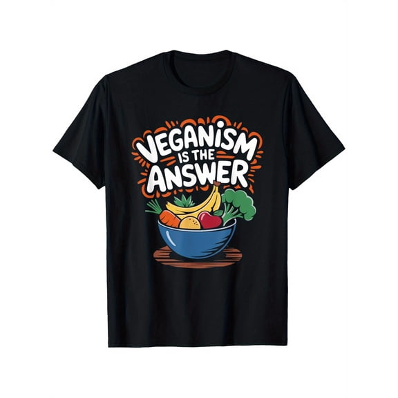 Veganism is the Answer" Men's Vegan Graphic T-Shirt - 100% Cotton, Casual Crew Neck, Short Sleeve, Black, Sizes S-XXXL, Soft & Breathable, Vegan Food Lover Tee for Casual Attire, Vegan Gifts