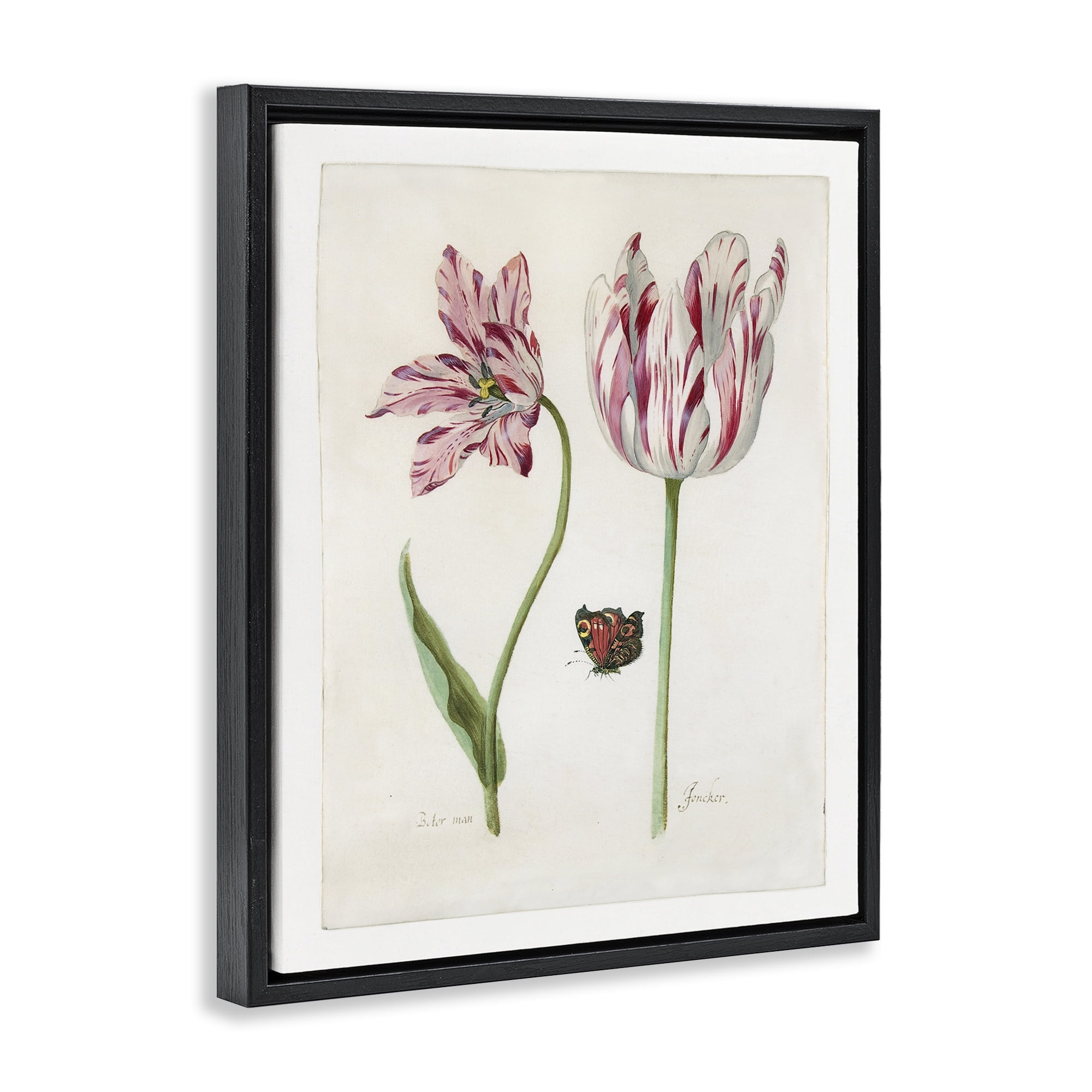 Stupell Industries Classic Tulip & Butterfly Plants & Flowers Painting Black Floater Framed Canvas Art Print Wall Art, 17 x 21