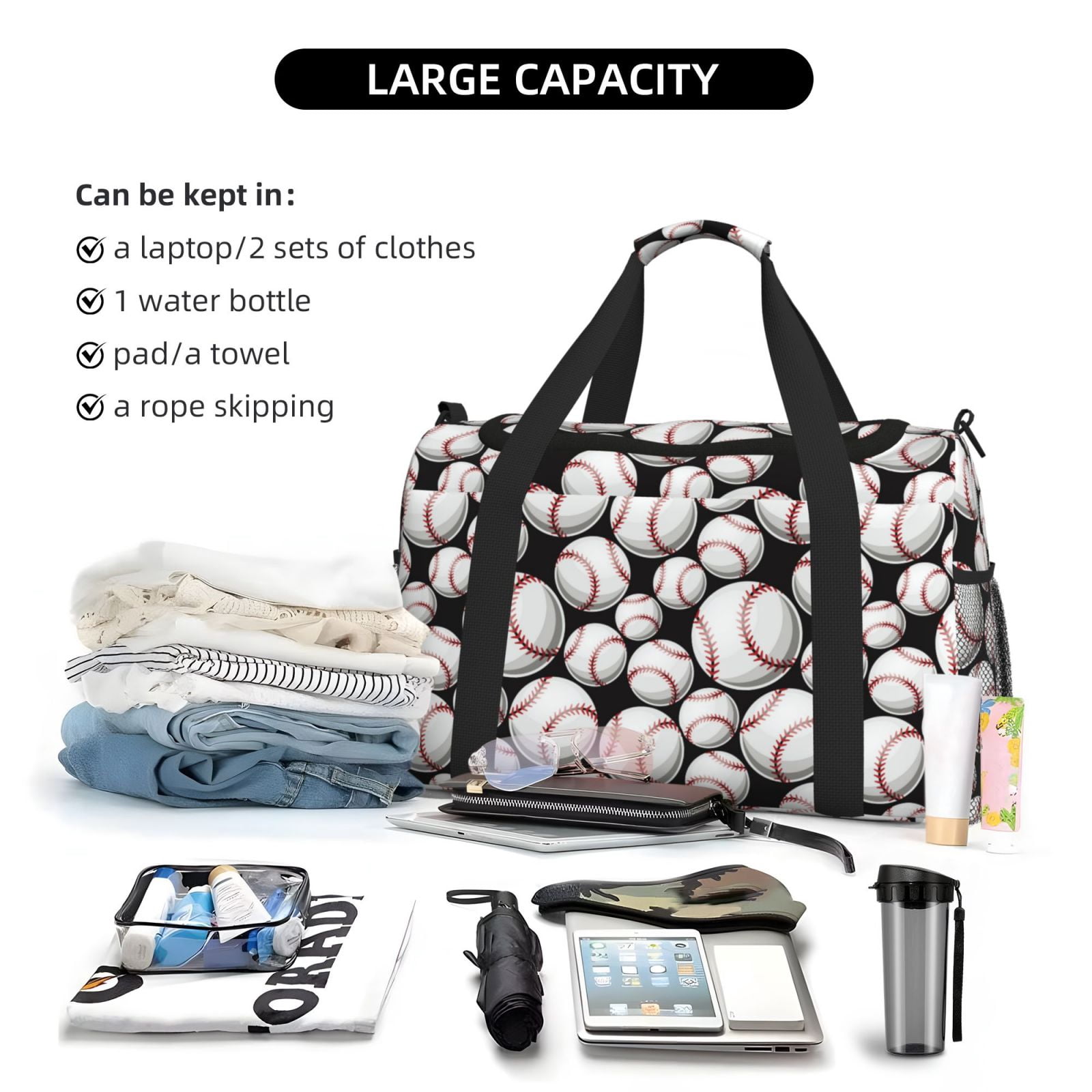 Horeoi Cute Baseball for Travel Duffle Bag with Adjustable Strap - Large Capacity Hand Carry for Gym Sports Outdoor