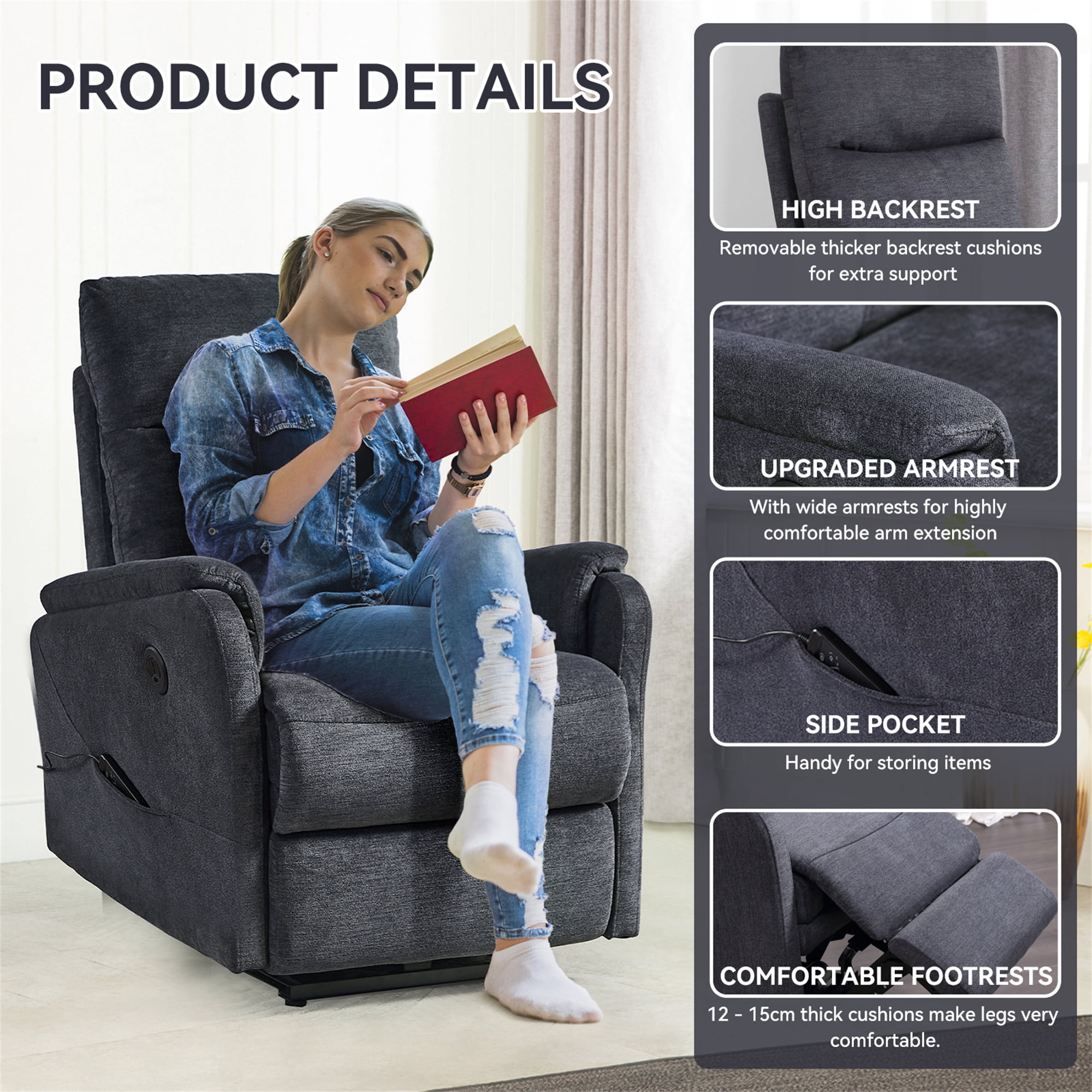 Aukfa Power Recliner Massage Chair with USB for Living Room Bedroom, Velvet, Gray