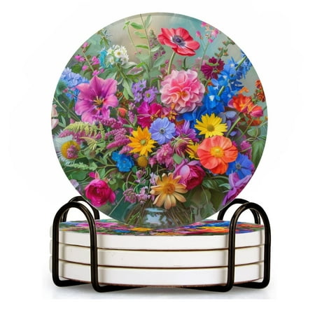 

BaHomeck Drink Coasters Set of 4 with Holder beautiful bouquet of colorful flowers in oil painting Water Absorbent Ceramic Coasters Tabletop Protection Suitable for Various Cup Home Decor