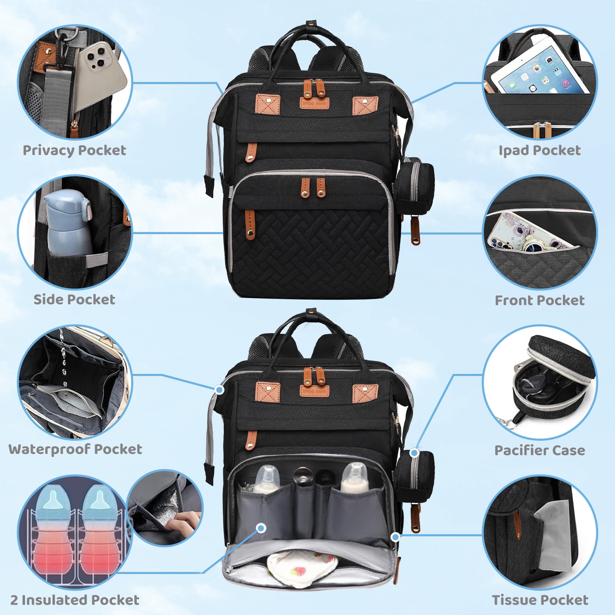 Anoak Baby Diaper Bag Backpack with Changing Station, Large Capacity Baby Bag, Waterproof Travel Backpack with USB Charging Port, Stroller Straps , Baby Shower Gifts