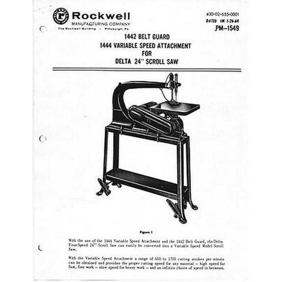 Delta Rockwell 1442 Belt Guard 1444 Variable Speed Attachment 24" Scroll Saw REPRINT