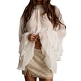 thumbnail image 3 of Women's Chiffon Long Sleeve Elegant Crop Pullover Round Neck Top Ruffled Blouse for Casual White S, 3 of 10