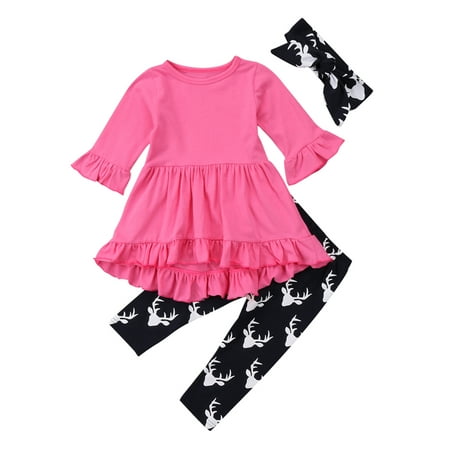 

Baby Girls 3 Piece Irregular Hi-Low Tunic Ruffle Top and Deer Leggings Outfit Set with Headband