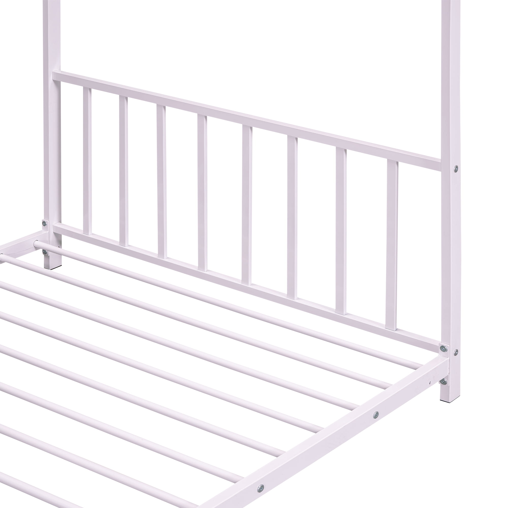 Kumix Twin Size House Floor Bed, Metal Floor Bed with Fence and Roof, House Bed for Teens, Playhouse Twin Bed Frame for Girls, Boys, Pink(Without Slats)