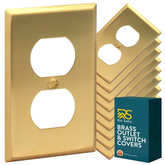 Rio Salto BRASS Signature Collection Metal Duplex Gold Outlet Cover Light Switch Cover Wall Plate Receptacle Wallplate Covers 1 Gang Single Gang Brushed Brass 4.5" x 2.75" 10-Pack Standard Size