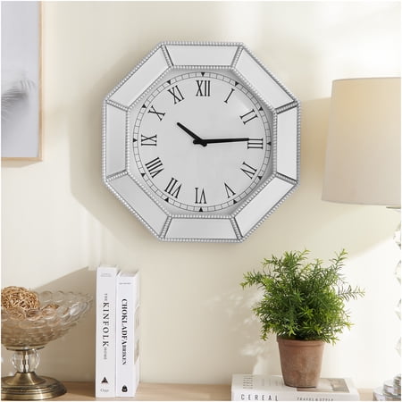 JERFIT Modern Octagon Wall Clock with Silver Mirror Glass, Silent Non-Ticking Quartz Movement, Large Decorative Mirror Clock for Living Room, Bedroom, Dining Room