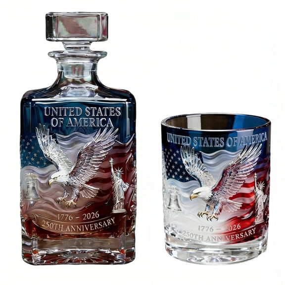 USA 250th Anniversary Whiskey Decanter & Tumbler Set, Patriotic Bald Eagle & Flag Glassware for 4th of July Independence Day, Ideal Gift for Men & Whiskey Lovers