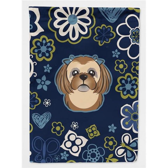 Blue Flowers Chocolate Brown Shih Tzu Flag Garden Size BB5100GF