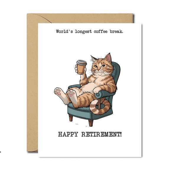 Funny Retirement Card - “World’s Longest Coffee Break” Cat Design - Envelope Included, Blank Inside - Perfect for Retirement Celebrations and Gifts