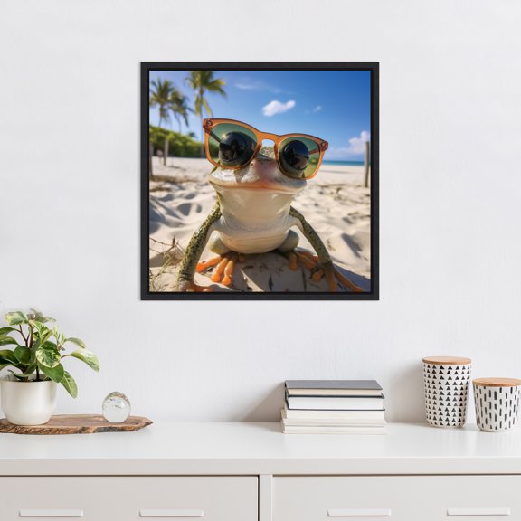 Kate and Laurel Sylvie Funny Animal Beach Cool Frog Orange Glasses Selfie Framed Canvas Wall Art by The Creative Bunch Studio, 22x22 Black, Funny Cute Animal Art for Wall