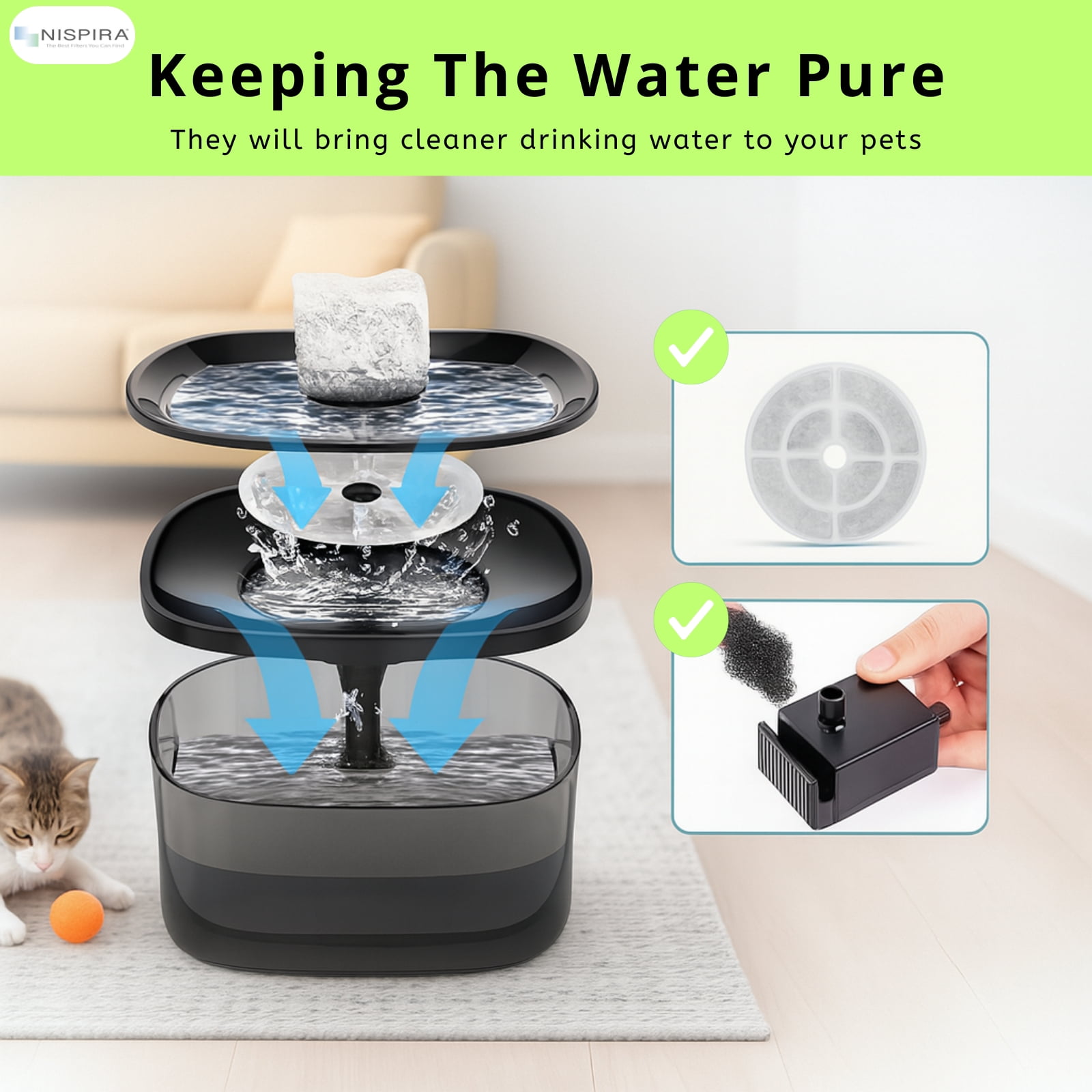 Nispira Cat Water Fountain Filter Replacements for Kastty Sibays 2.5Gal/9.5L Large18CM Dog Water Fountain Dispenser Wireless Pumps Black Sponge, 12 Packs