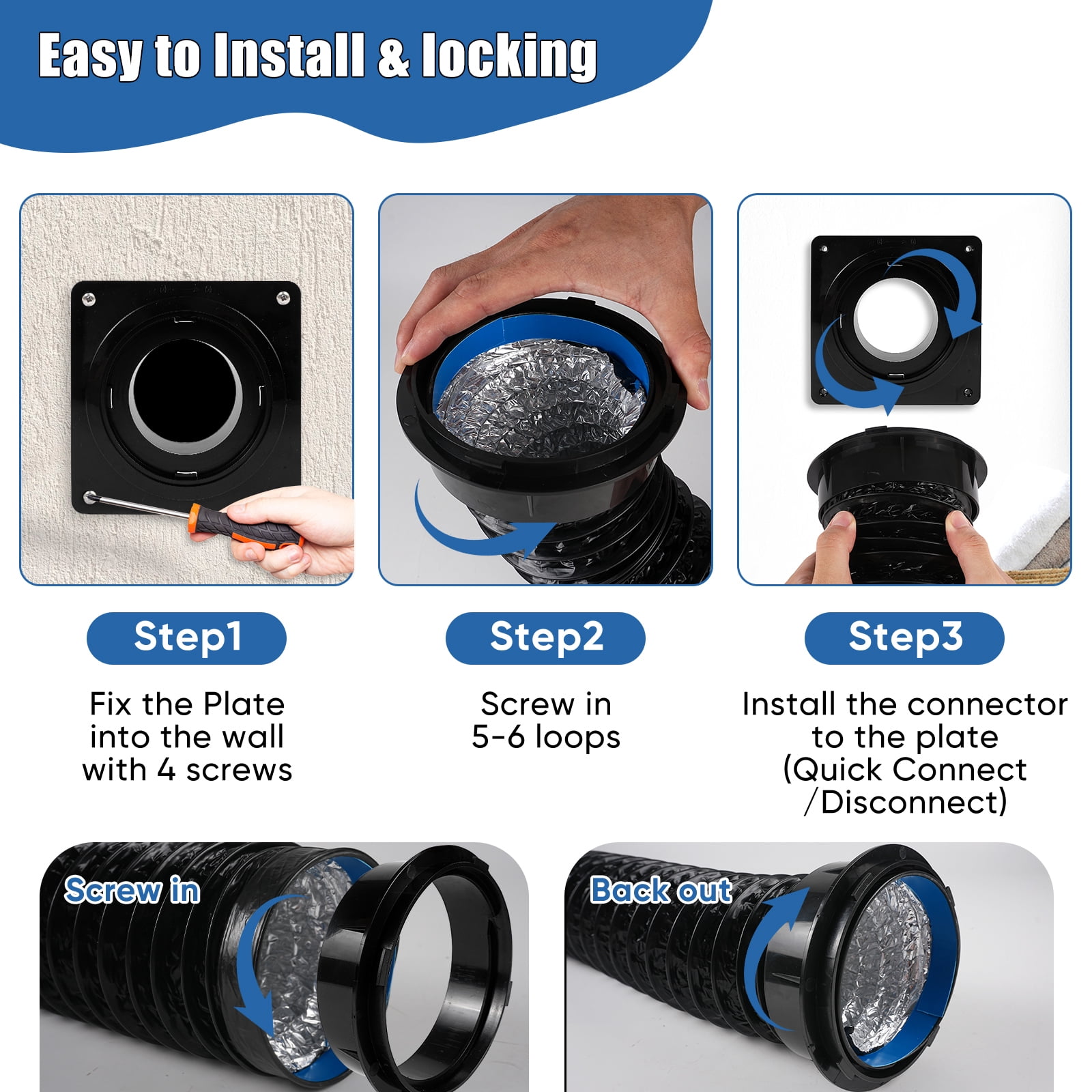 Black Dryer Vent Hose Connector Kit, Dryer Vent Wall Plate with Black Hose