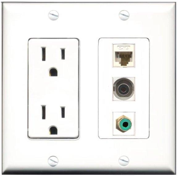 RiteAV - 15 Amp Power Outlet 1 Port RCA Green 1 Port 3.5mm 1 Port Cat6 Ethernet Ethernet White Decorative Wall Plate
