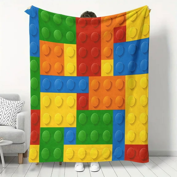 Colorful Building Block-Inspired Flannel Throw Blanket – Soft, Warm, and Versatile for Bed, Sofa, or Gifting – All-Season Cozy Comfort in Vibrant Blue, Green, Yellow, Red, and Orange