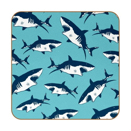 

OWNTA Fierce Sharks Marine Blue Background Pattern Premium 6-Piece Square Coaster Set in Microfiber Leather - Non-Slip & Absorbent Cup Mats