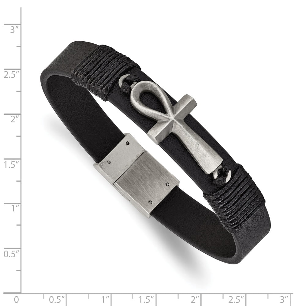 Diamond2Deal Stainless Steel Antiqued and Brushed Ankh Cross Black Leather Bracelet for Men 8.5"