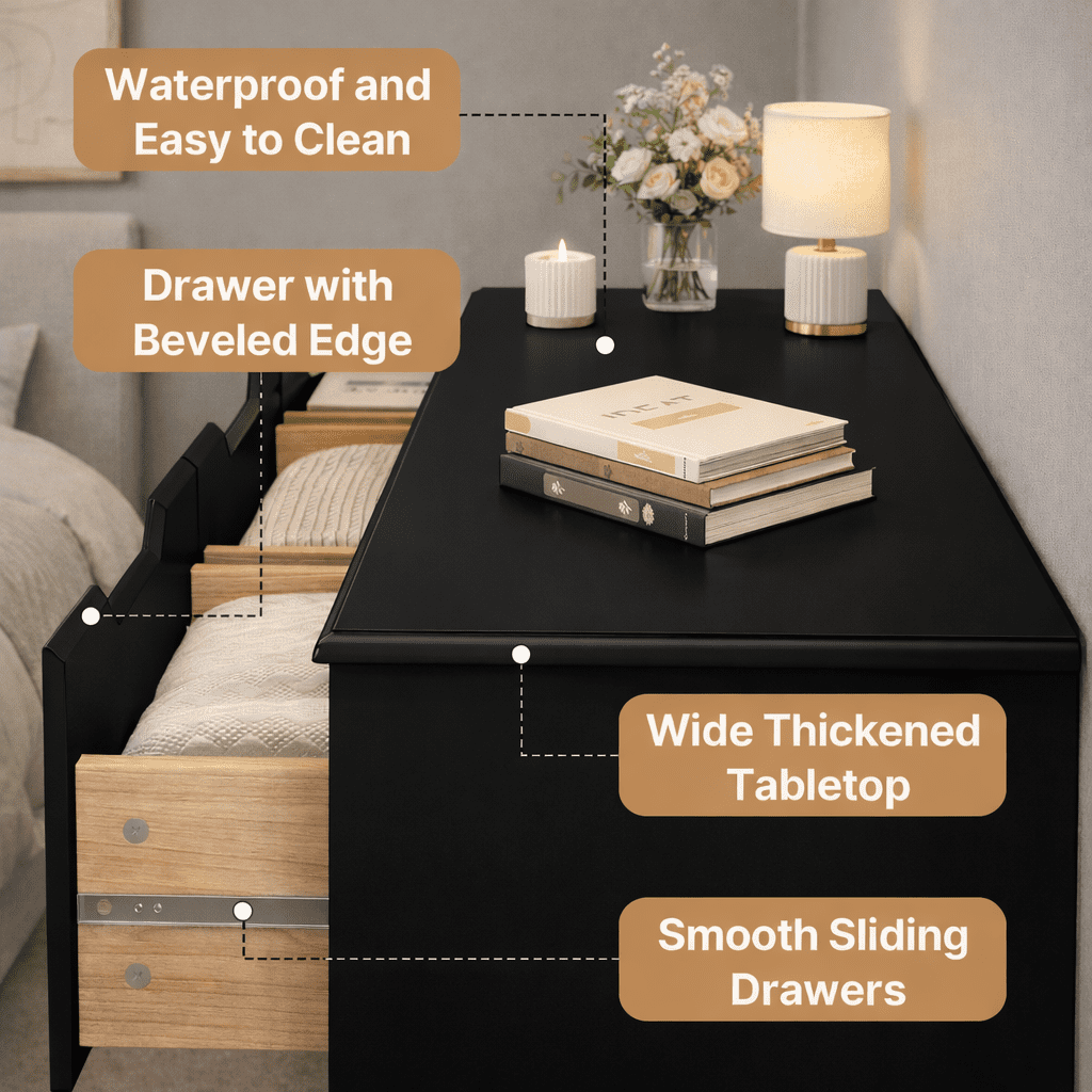 7 Drawers Dresser, 47" Wide Chest of Drawers with Handle Free Design, Modern Storage Organizer with Metal Handles, for Bedroom, Living Room, Hallway, Office, Entryway, Black