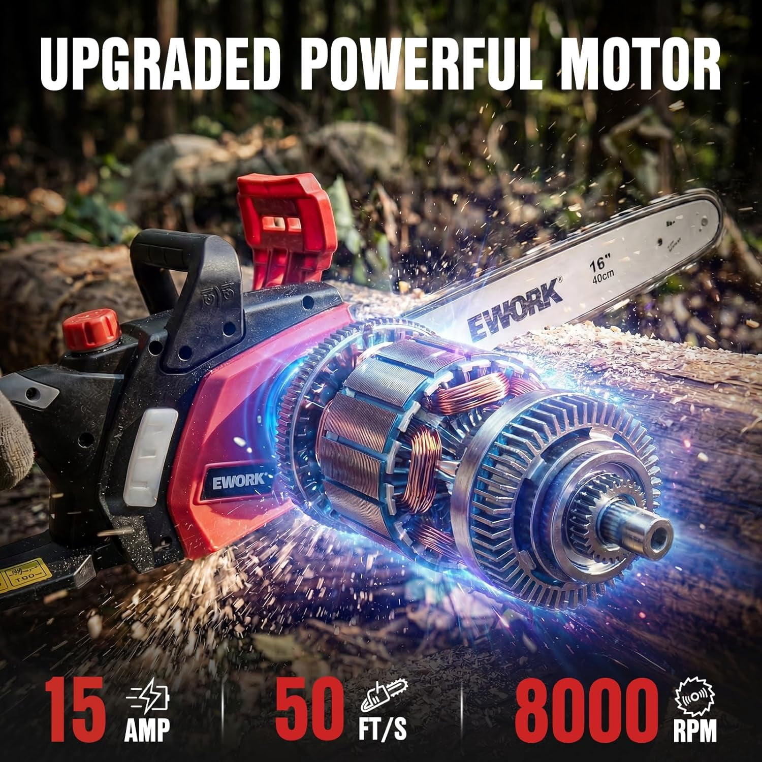 EWORK Electric Chainsaw Corded 16-Inch 15 Amp Electric Chain Saws, Corded Chainsaw with Tool-Free Chain Tension, Auto Oiling, Low Kickback, Electric Chainsaw for Tree Cutting, Pruning, Firewood