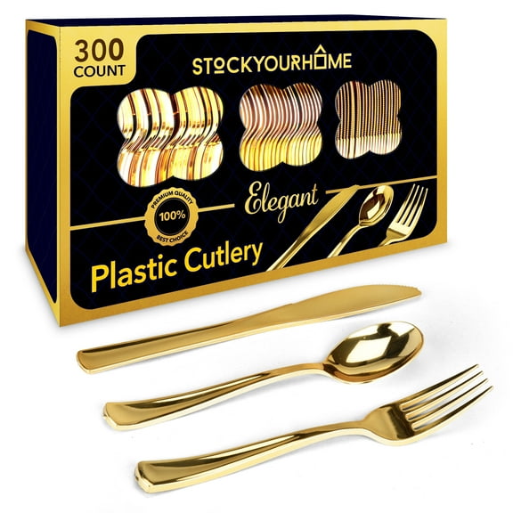 Gold Plastic Silverware Set (300-Pack) – Disposable Heavy Duty Cutlery, 100 Forks, 100 Knives, 100 Spoons for Parties, Weddings, Dinners & Holidays