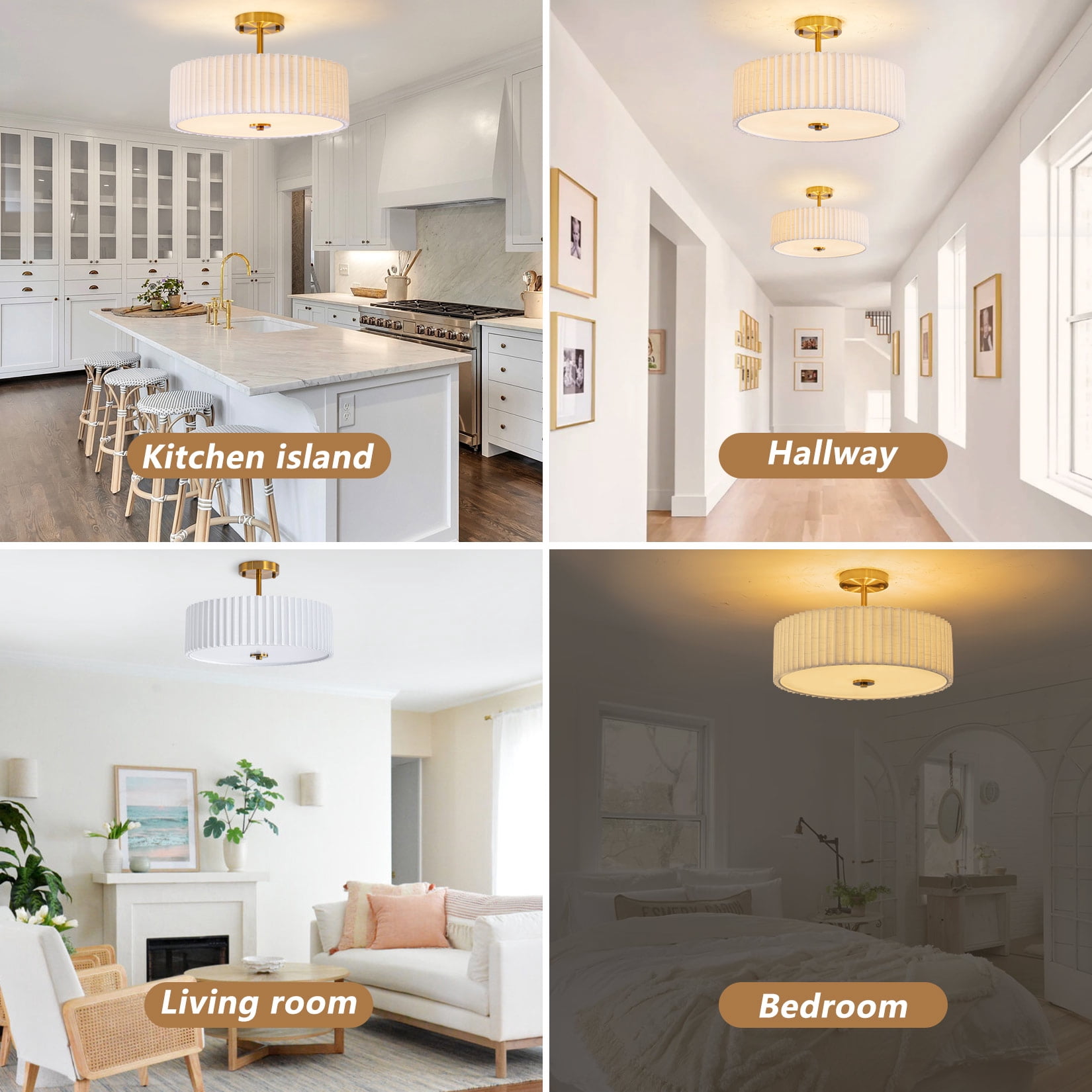BESTOMINE 16.5 Inch Semi Flush Mount Ceiling Light Fixture,Gold Finish with Pleated Fabric Shade,3-Light Flush Mount Ceiling Light,Modern Light Fixtures Ceiling Mount for Bedroom,Hallway,Nursery Room