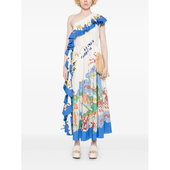 New women's fashion elegant cotton-linen printed off-shoulder ruffle casual dress