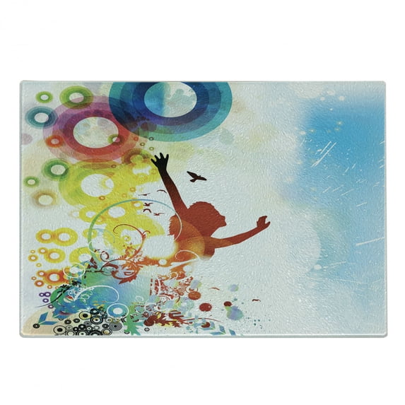 Youth Cutting Board, Abstract Composition with Happy Woman Silhouette Flying Birds Circles, Decorative Tempered Glass Cutting and Serving Board, Small Size, Multicolor, by Ambesonne