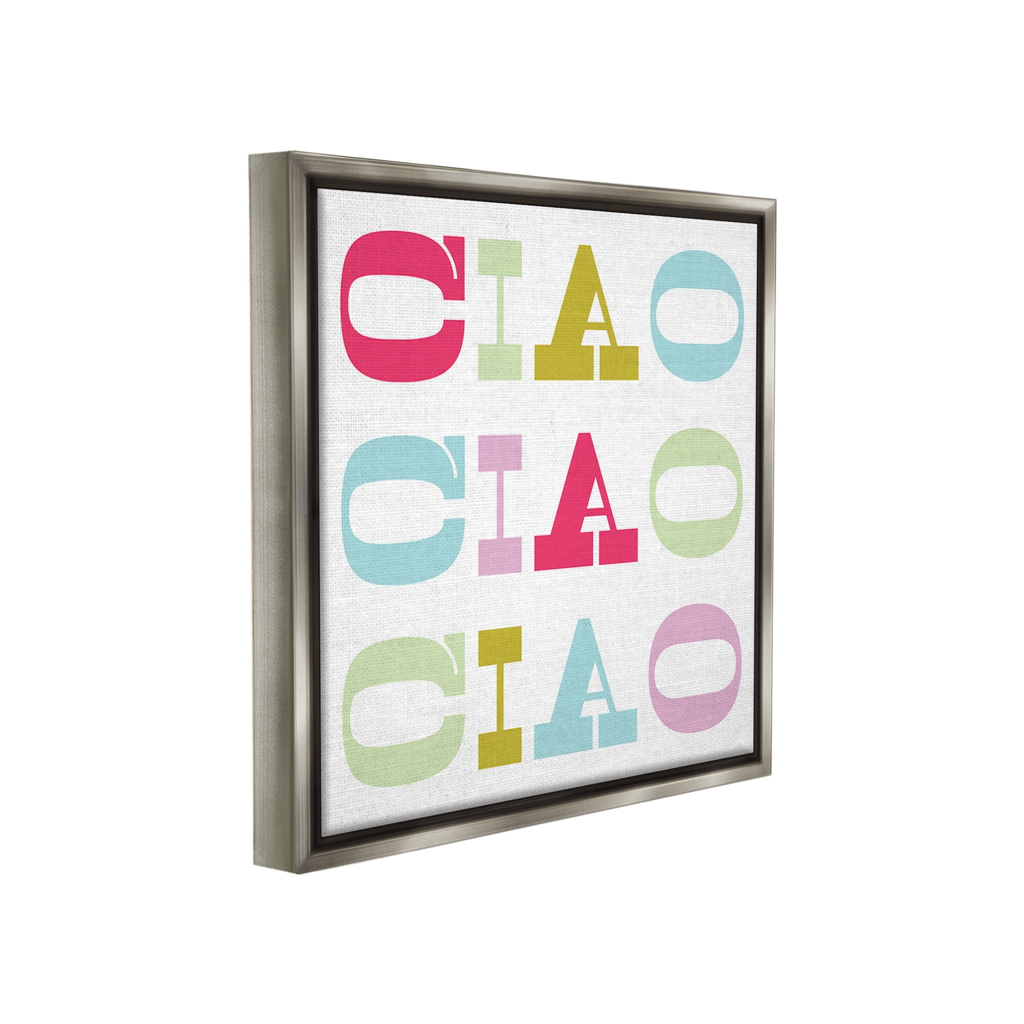 Stupell Industries Patterned Ciao Typography Typography Painting Gray Floater Framed Canvas Art Print Wall Art, 18 x 18