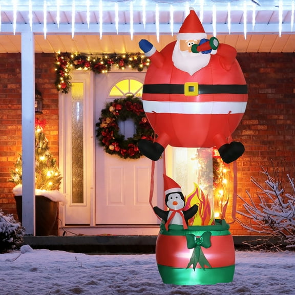 Outsunny 8ft Christmas Inflatables Outdoor Decorations Santa Claus Hot Air Balloon with Penguin, Blow-Up LED Yard Christmas Decor for Garden Party