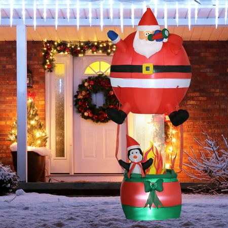 Outsunny 8ft Christmas Inflatables Outdoor Decorations Santa Claus Hot Air Balloon with Penguin, Blow-Up LED Yard Christmas Decor for Lawn Garden Party
