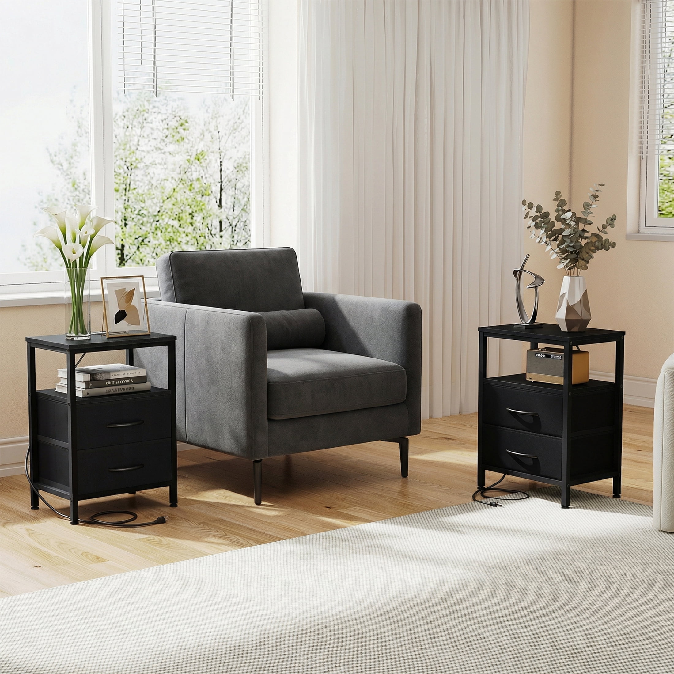 EDX Wall-mounted bedside table, featuring a built-in socket with USB/Type-C interface and adjustable drawers (two drawers). Suitable for bedroom space-saving design. Black