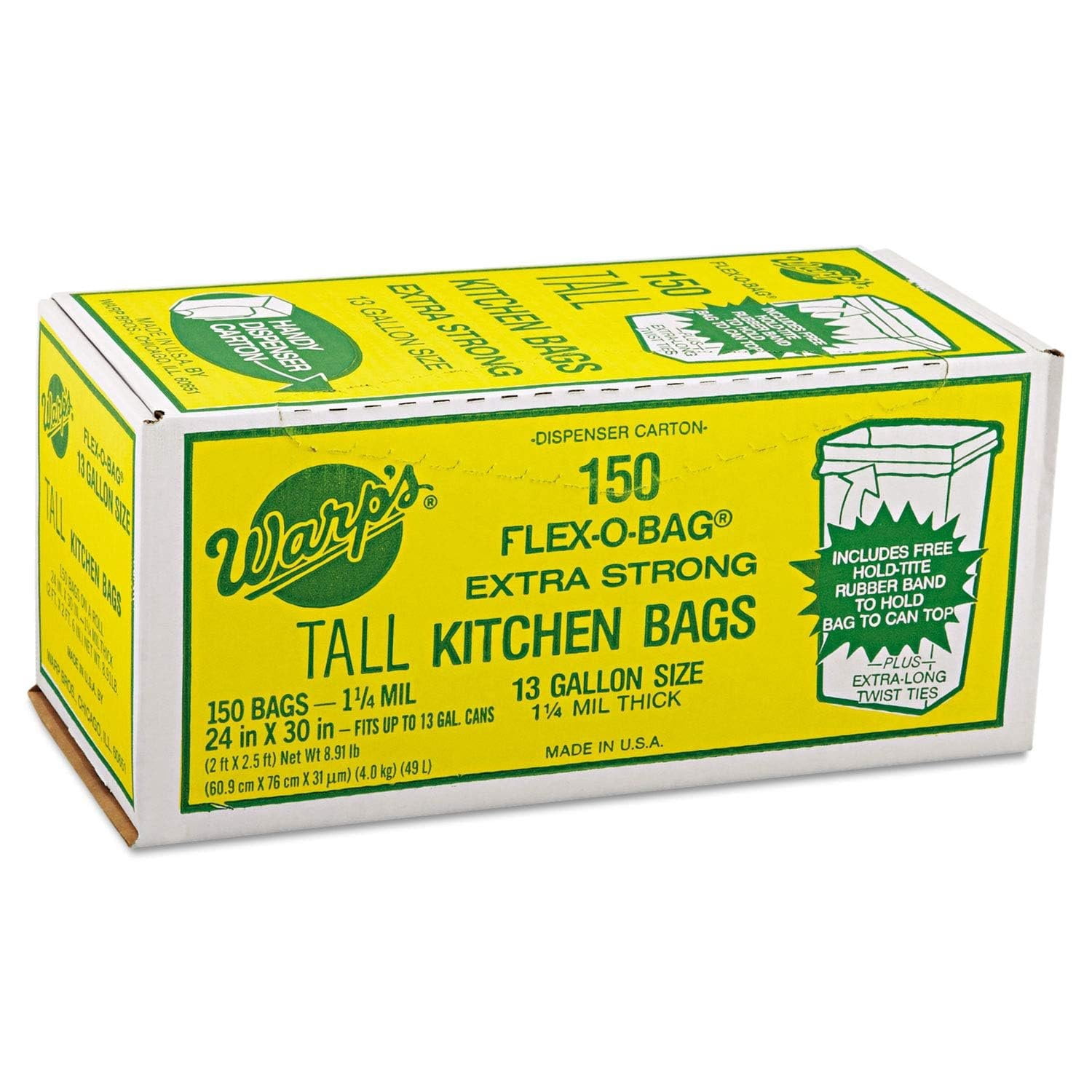 FLEX-O-BAG® Trash Can Liners and Contractor Bags, 13 gal, 1.25 mil, 24 in X 30 in, White, Extra-Strong Tall Kitchen Bag