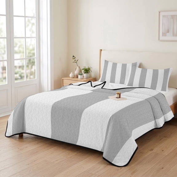 Gray White Stripe 3 Pieces Quilt Set,1 Quilt with 2 Shams,Modern Minimalist Style Bedspread Soft Lightweight Bedding Coverlet Comforter Set for All Season 90"x96"