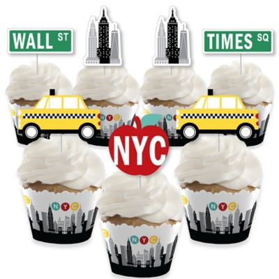 NYC Cityscape - Cupcake Decoration - New York City Party Cupcake Wrappers and Treat Picks Kit - Set of