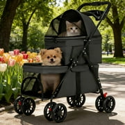 Puedo Double Pet Stroller for Small Cats and Dogs, Foldable Kittens Puppies Travel Strolling Cart with 2 Carriages, Lockable Wheels, Black