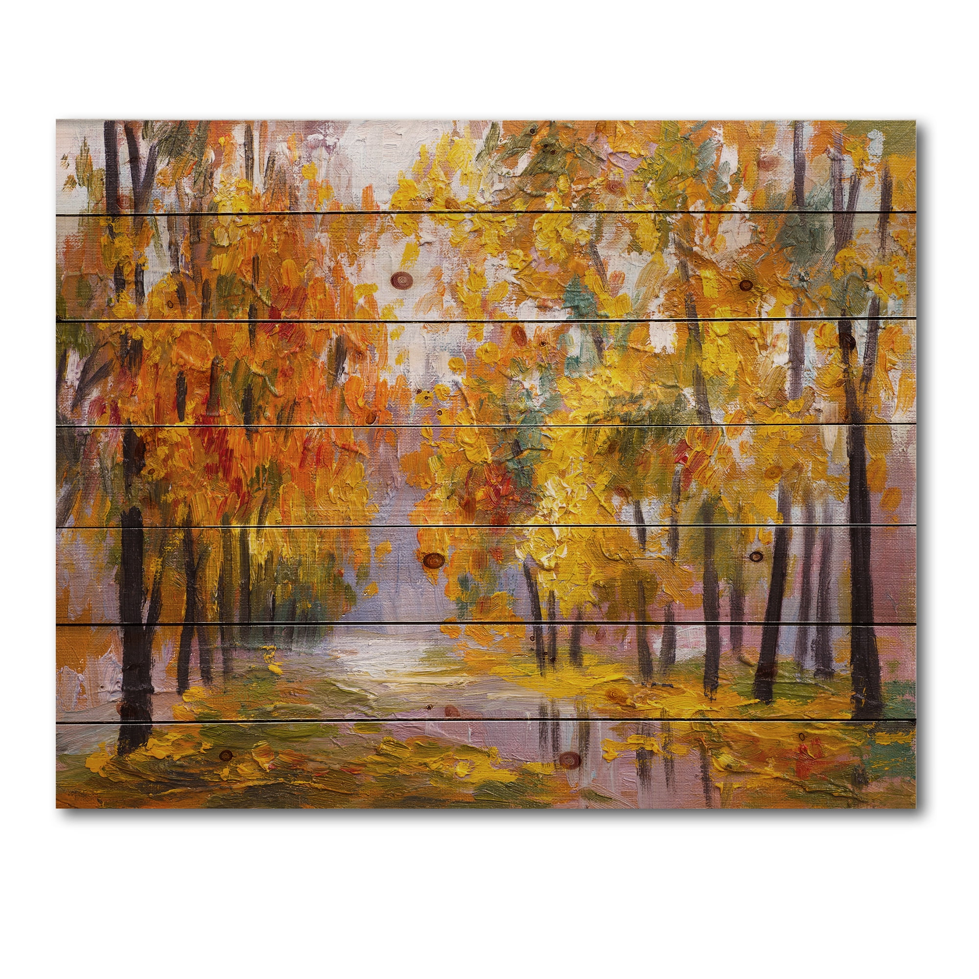 Designart 'Forest Full Of Fallen Leaves In Autumn Along River' Lake House Print on Natural Pine Wood