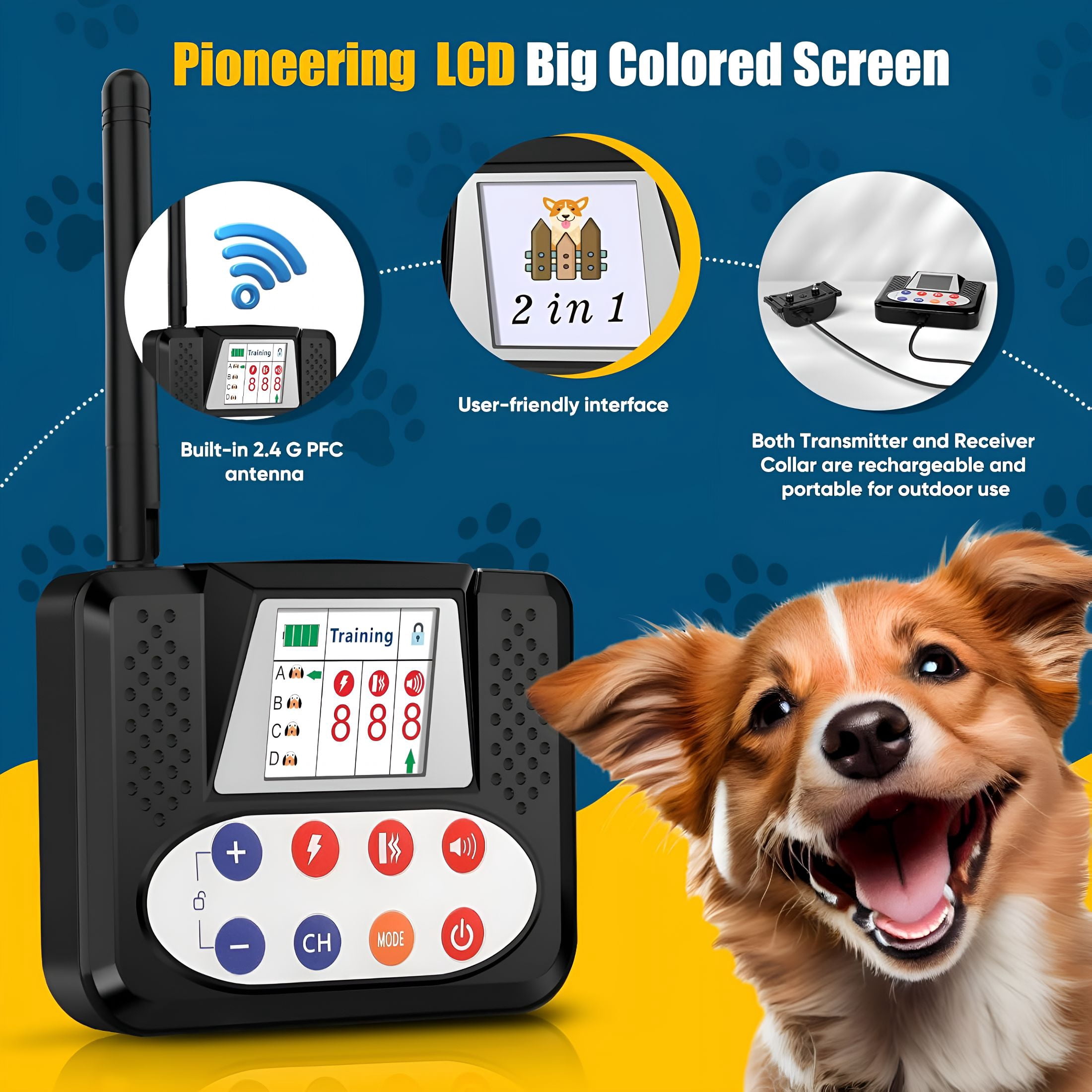 GJX Wireless Dog Fence, Electric Fence System with Big LCD Color Screen, Portable Wireless Pet Fence with Remote Training Collar, Dog Perimeter Collar, Adjustable for Small Medium Big Dogs